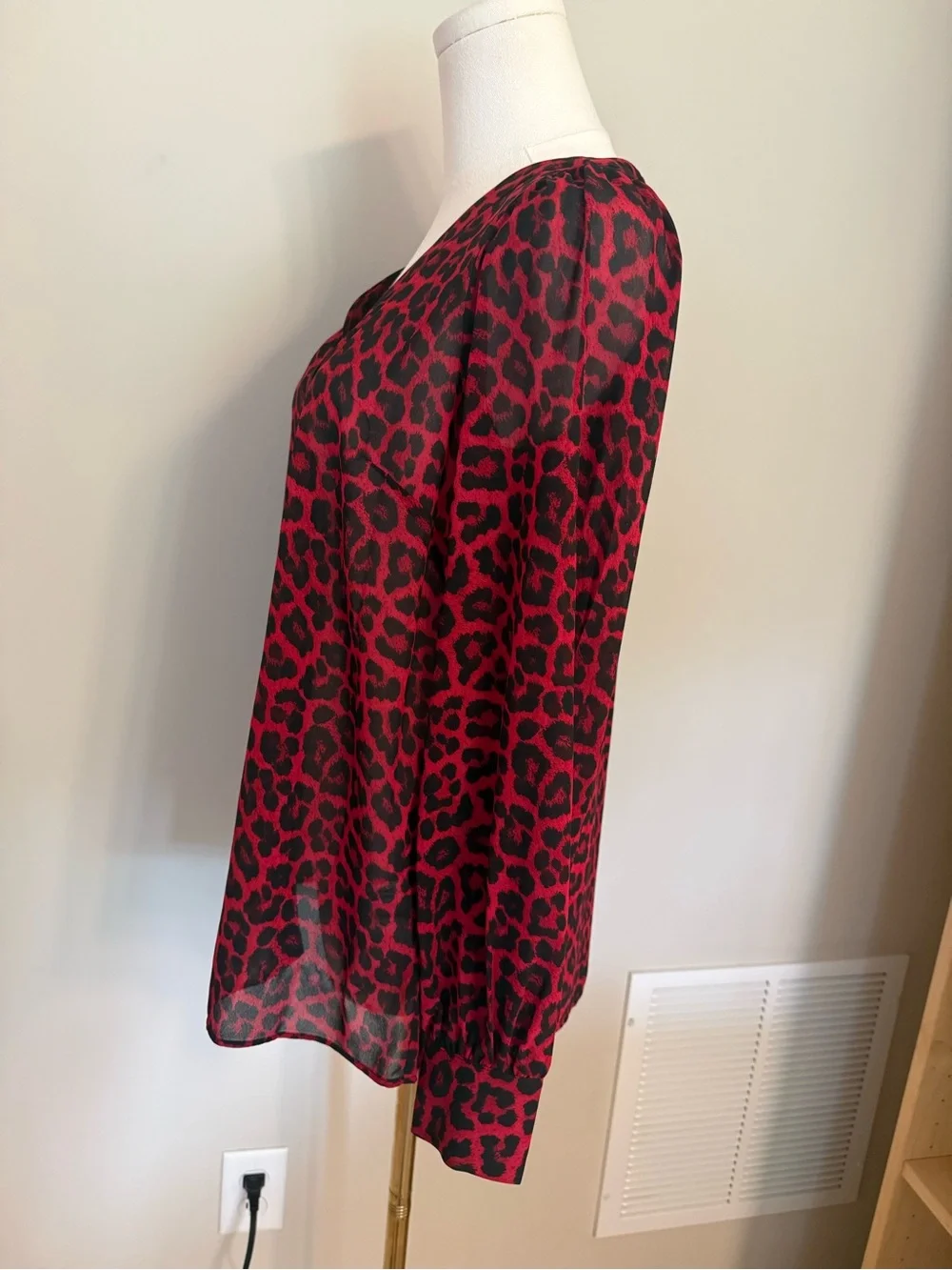 Michael Kors Red Black Leopard Print Blouse S Sheer Button Front Animal Print